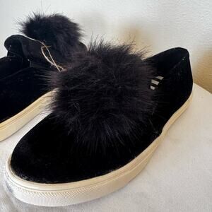 Betsey Johnson Black Velvet with Pom Slip On Shoes